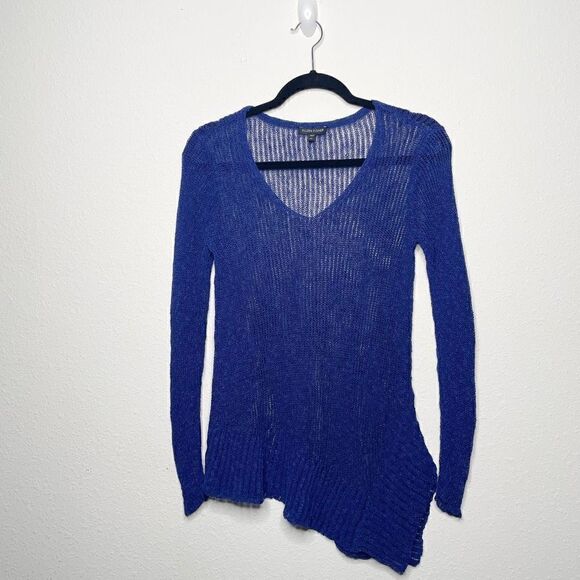 Eileen Fisher Blue Open Knit Linen Blend Asymmetrical Long Sleeve Top Size XS - Picture 1 of 8